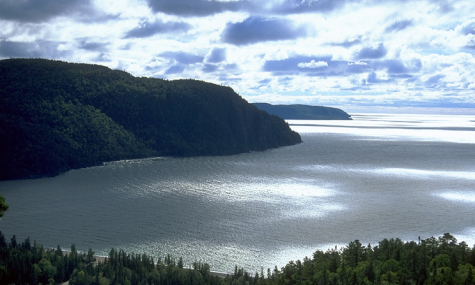 a Bay of water wtih hills and forest surrounding - photographed from a lookout point